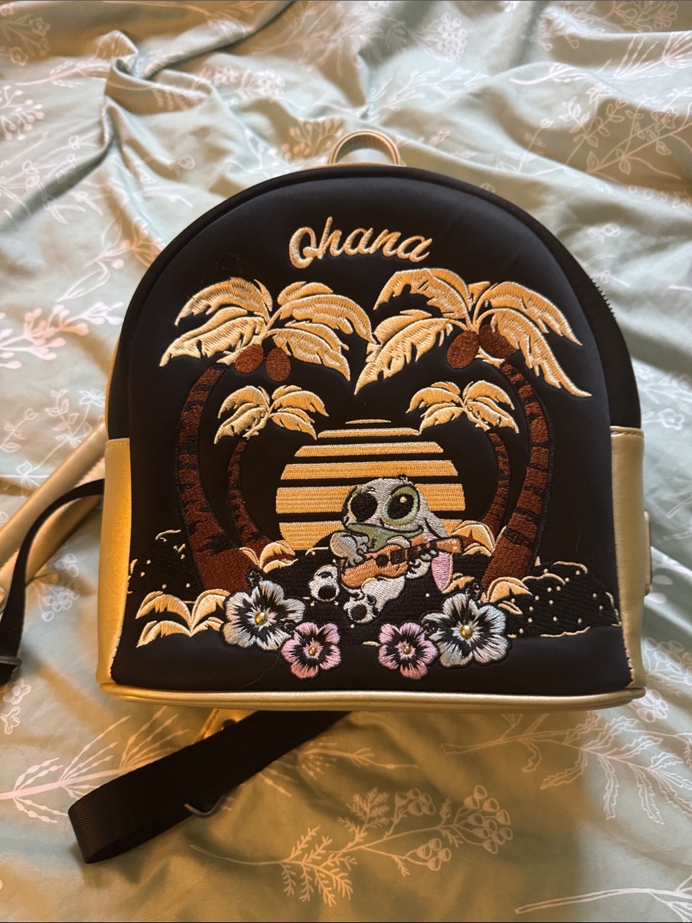 Loungefly Black and Gold 'Ohana' Embroidered Mini Backpack